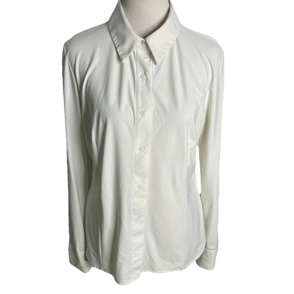 Commando Nylon Stretch Collared Long Sleeve Button Down Top Shirt‎ White Large